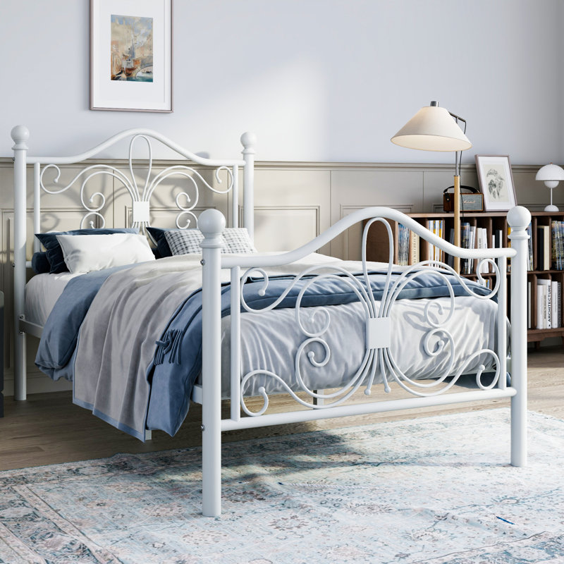 Anterrio Metal Open Frame Bed with Butterfly Pattern Design Headboard and Footboard Twin White